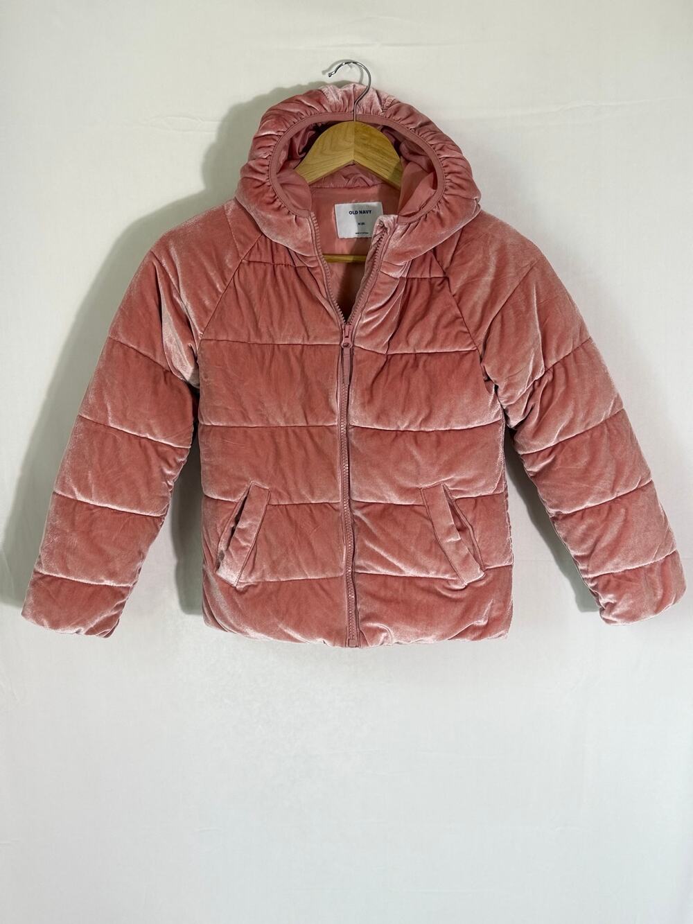 Old Navy Girls Pink Velvet Puffer Hooded Jacket Size M (8)